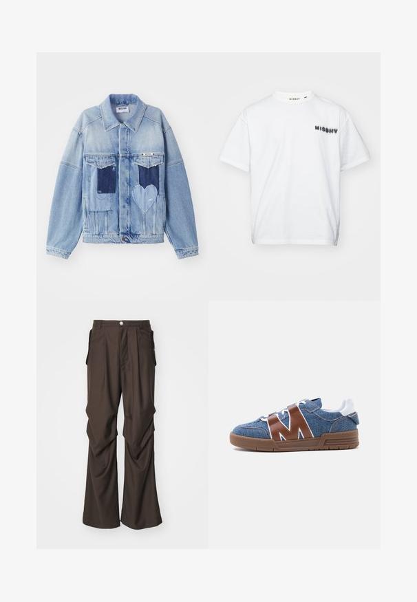 Lichtblauwe denimjacket met donkerblauwe patches, waaronder een hartvormige patch aan de voorkant, met knoopsluiting, plat neergelegd.; MISBHV COMMUNITY - T-shirt print - white; Bruine op maat gemaakte broeken met een ruime pijpdesign, voorzien van zijzakken en een knoopsluiting aan de voorkant. Gladde stof met subtiele plooien.; Blauwe denim sneaker met bruine lederen M-vormige bandjes, witte veters, witte hieltab en bruine rubberen zool, gezien vanaf de zijkant.
