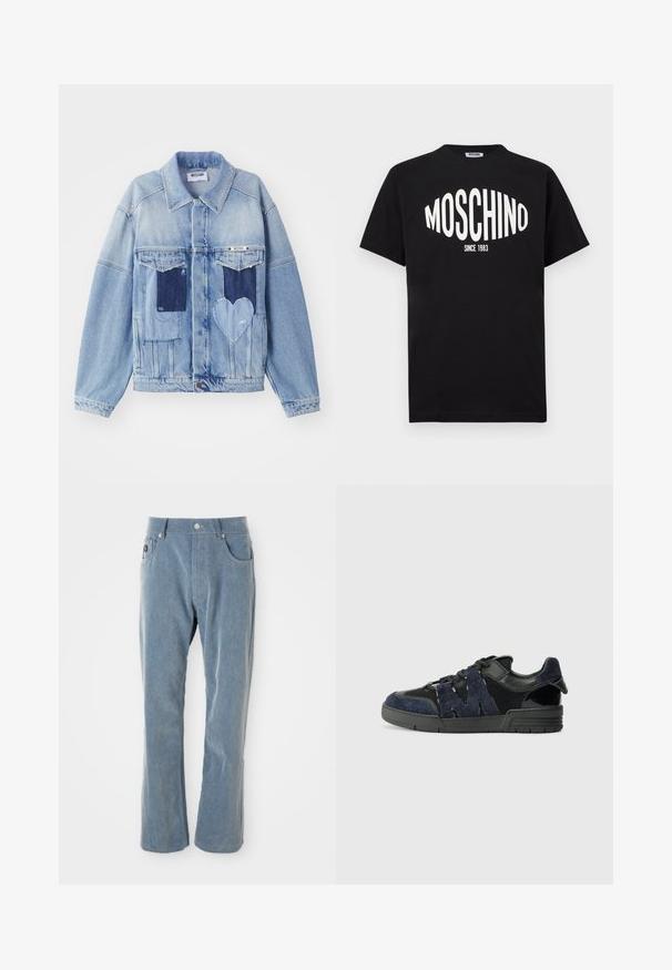 Lichtblauwe denimjacket met donkerblauwe patches, waaronder een hartvormige patch aan de voorkant, met knoopsluiting, plat neergelegd.; Zwart katoenen T-shirt met een grote witte "MOSCHINO"-logo en de tekst "SINCE 1983", met een klassieke ronde hals en korte mouwen.; Lichtblauwe corduroy broek met knoop- en ritssluiting, voorzakken en rechte pijpen op witte achtergrond.; Zwarte en marineblauwe sneakers zijn gemaakt van suede en mesh materialen, met een dikke zool en een opvallend uitgesneden "M" detail aan de zijkant.