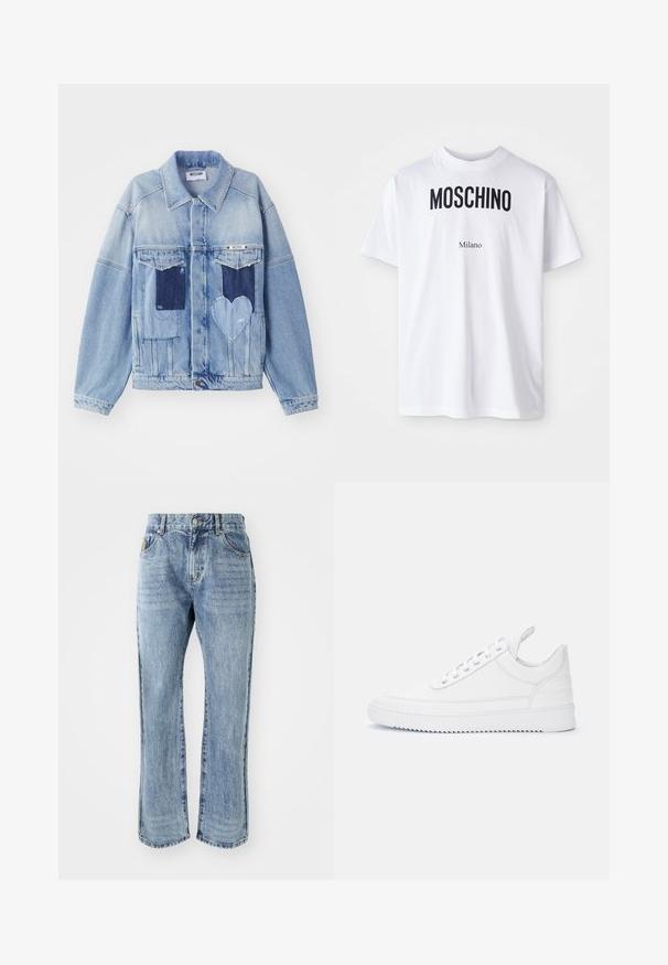 Lys blå denimjakke med mørkeblå lapper, herunder en hjerteformet lap på forsiden, og knaplukning, liggende fladt.; Hvid bomulds T-shirt med fed sort "MOSCHINO" tekst over mindre "Milano" tekst. Klassisk rund halsudskæring og korte ærmer.; Billionaire Boys Club CASINO PANT - Jeans Straight Leg - light wash blue; Hvid lav sneaker med snørelukning, syninger, trækkehank på hælen og rillede sål på ensartet lyst baggrund.