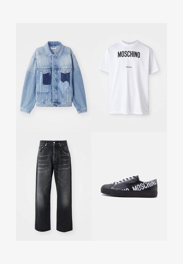 Lichtblauwe denimjacket met donkerblauwe patches, waaronder een hartvormige patch aan de voorkant, met knoopsluiting, plat neergelegd.; Witte katoenen T-shirt met bold zwarte "MOSCHINO" tekst boven de kleinere tekst "Milano". Klassieke ronde hals en korte mouwen.; Zwarte rechte jeans met vervaagde plooien op de bovenbenen, een voorste knoop, ritssluiting en vijf-pocket ontwerp.; Zwarte lage sneaker met witte veters en vetgedrukte witte "MOSCHINO" tekst die om de hiel en zijkant loopt.