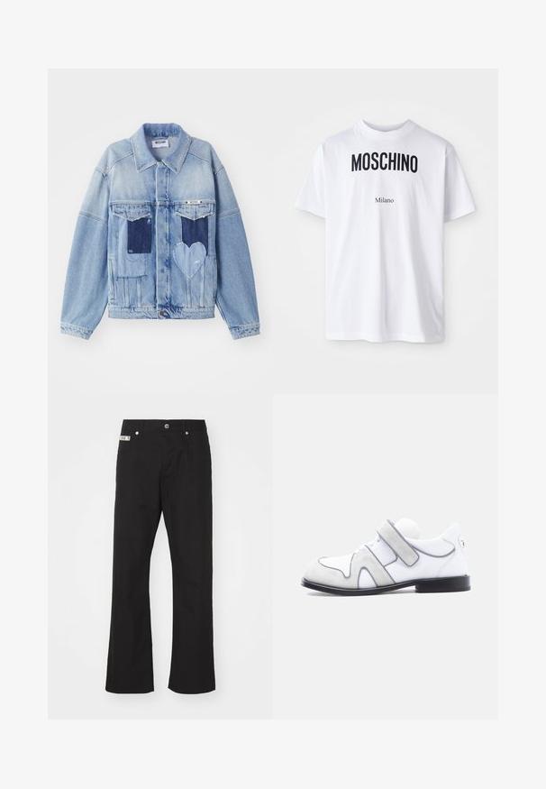Hele sinine denim jakk tumedate laigudega, sealhulgas südamestyle laigudega ees, ning nööpide sulgemisega, laotatud tasasele pinnale.; Valge puuvillane T-särk, millel on silmapaistvad mustad "MOSCHINO" tähed väiksema "Milano" teksti kohal. Klassikaline ümmargune kaelus ja lühikesed varrukad.; Mustad puuvillased püksid sirge jala disainiga, ees nupuga sulgemine, kahe küljetaskuga ja väikese brändi sildiga vöökohtade peal.; Valge nahast ja halli seemisnahast kleitking musta tallaga ning ühe laia takjakinnitusega küljel.