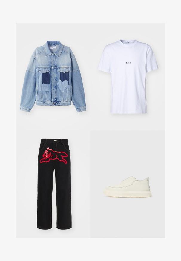 Lichtblauwe denimjacket met donkerblauwe patches, waaronder een hartvormige patch aan de voorkant, met knoopsluiting, plat neergelegd.; Witte katoenen T-shirt met een ronde halslijn, korte mouwen en een klein zwart 'MSGM'-logo op de voorkant. Glad van structuur.; Zwarte denim spijkerbroek met een grote rode afbeelding van een springende kat op de achterzak, met contrasterende gele stiksels langs de naden.; Instapsneaker in off-white, gestructureerd materiaal met een dikke, geribbelde zool. Voorzien van minimale naden en een subtiele lichtblauwe accent.