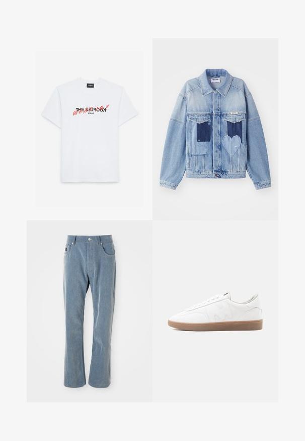 Veste en denim bleu clair avec des patches bleu foncé, incluant un patch en forme de cœur à l'avant, et fermeture par boutons, posée à plat.; T-shirt en coton blanc à manches courtes avec un imprimé graphique noir et corail. Le texte indique : "THE KOOPLES ? QUOI ?" et "PARIS."; Pantalon en velours côtelé bleu clair avec fermeture à bouton et à glissière, poches avant et jambes droites sur fond blanc.; Baskets basses blanches avec semelle en caoutchouc gomme, superpositions cousues et fermeture à lacets sur fond neutre.