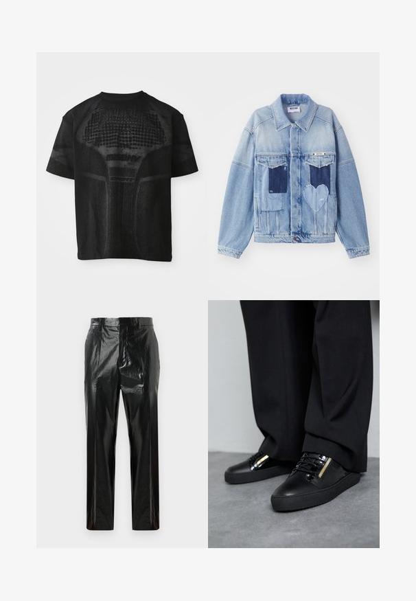 Lichtblauwe denimjacket met donkerblauwe patches, waaronder een hartvormige patch aan de voorkant, met knoopsluiting, plat neergelegd.; Zwarte sport T-shirt met korte mouwen, voorzien van een gestructureerd patroon en subtiele "MISBHV SPORT" tekst aan de voorkant.; Zwarte hoogglanzende vinyl rechte broek met riemlussen, verborgen sluiting aan de voorkant en geplooide details.; Zwarte leren sneakers met glanzende accenten, gestructureerde veters en een ritsdetail; gecombineerd met donkere, loszittende broek op een grijze vloer.