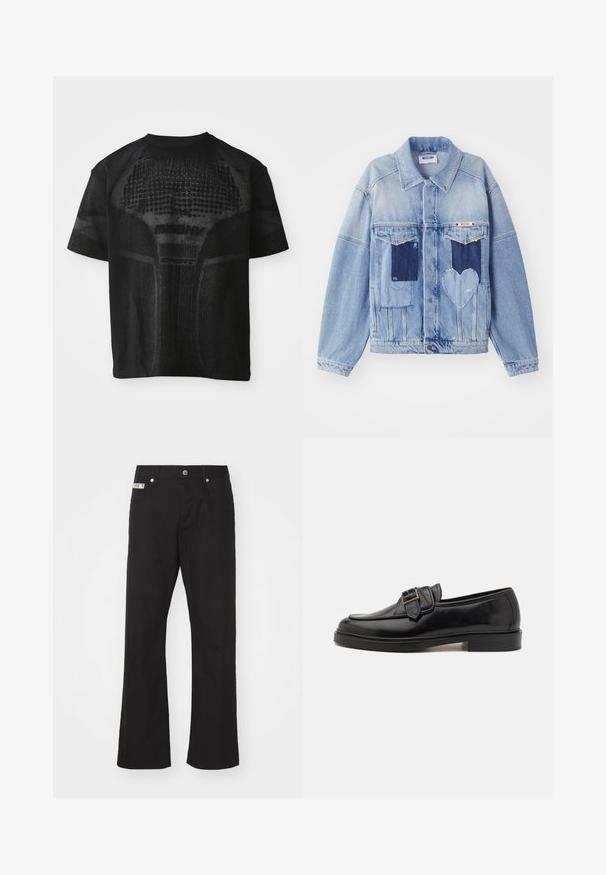 Lichtblauwe denimjacket met donkerblauwe patches, waaronder een hartvormige patch aan de voorkant, met knoopsluiting, plat neergelegd.; Zwarte sport T-shirt met korte mouwen, voorzien van een gestructureerd patroon en subtiele "MISBHV SPORT" tekst aan de voorkant.; Zwarte katoenen broek met een rechte pijpdesign, voorzien van een sluiting met een knoop aan de voorkant, twee zijzakken en een klein merklabel op de tailleband.; Zwarte leren instappers met een ronde neus en een decoratieve gesp. Platte, stevige hak en een gladde textuur overal.