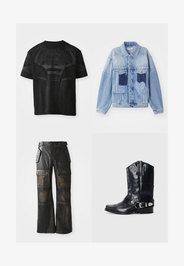 Lichtblauwe denimjacket met donkerblauwe patches, waaronder een hartvormige patch aan de voorkant, met knoopsluiting, plat neergelegd.; Zwarte sport T-shirt met korte mouwen, voorzien van een gestructureerd patroon en subtiele "MISBHV SPORT" tekst aan de voorkant.; Zwarte leren cargobroeken met een versleten textuur, voorzien van grote zijzakken, een hoge taille en contrasterende stiksels over de naden.; Zwarte leren cowboylaars met een spitse neus, hoge schacht, decoratieve stiksels en zilveren gespsluiting op de band. Gestructureerde afwerking.