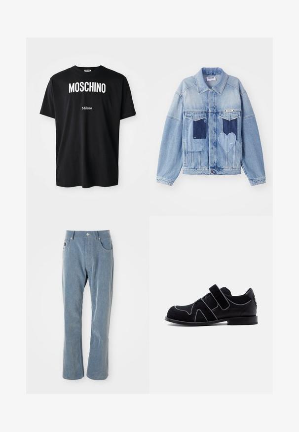 Lichtblauwe denimjacket met donkerblauwe patches, waaronder een hartvormige patch aan de voorkant, met knoopsluiting, plat neergelegd.; Zwarte katoenen t-shirt met ronde hals. Bevat vetgedrukte witte tekst: "MOSCHINO" erboven en "Milano" eronder. Eenvoudig, klassiek ontwerp.; Lichtblauwe corduroy broek met knoop- en ritssluiting, voorzakken en rechte pijpen op witte achtergrond.; Zwarte herenschoenen met klittenbandsluiting, veters, suède- en lederen materialen, en een lage hak tegen een effen witte achtergrond.