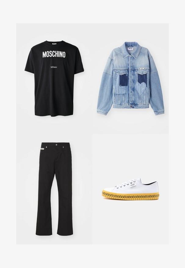 Lichtblauwe denimjacket met donkerblauwe patches, waaronder een hartvormige patch aan de voorkant, met knoopsluiting, plat neergelegd.; Zwarte katoenen t-shirt met ronde hals. Bevat vetgedrukte witte tekst: "MOSCHINO" erboven en "Milano" eronder. Eenvoudig, klassiek ontwerp.; Zwarte katoenen broek met een rechte pijpdesign, voorzien van een sluiting met een knoop aan de voorkant, twee zijzakken en een klein merklabel op de tailleband.; Witte lage canvas sneaker met witte veters en een gele zool, ontworpen om eruit te zien als een meetlint met maatmarkeringen.