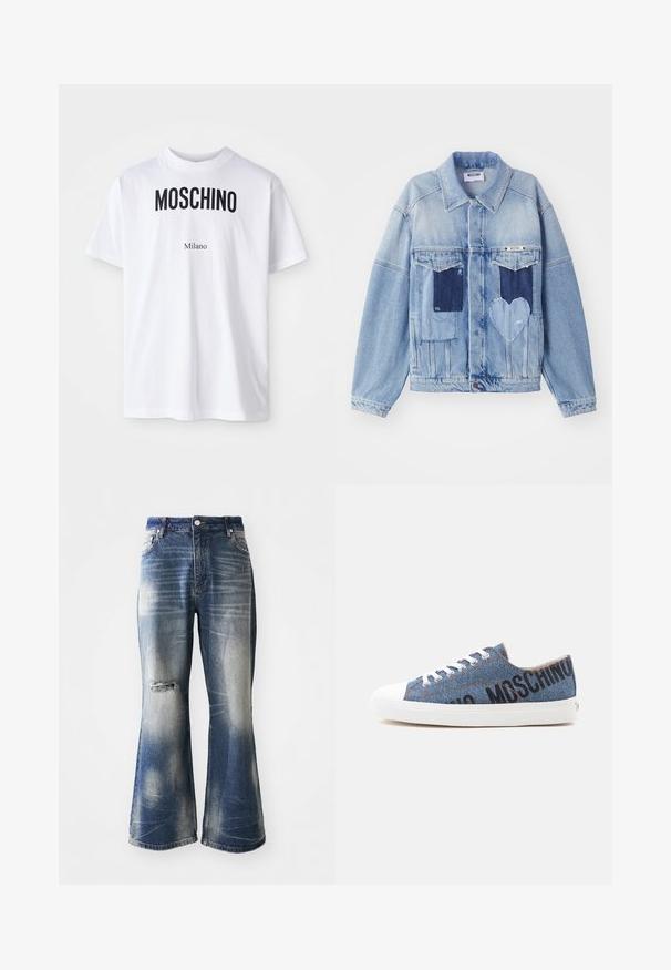 Lichtblauwe denimjacket met donkerblauwe patches, waaronder een hartvormige patch aan de voorkant, met knoopsluiting, plat neergelegd.; Witte katoenen T-shirt met bold zwarte "MOSCHINO" tekst boven de kleinere tekst "Milano". Klassieke ronde hals en korte mouwen.; Blauwe flared jeans met vervaagde gebieden en een versleten details bij de knieën. Gemaakt van denim, met een knoopsluiting en een vijf-pocket ontwerp.; Lage denim sneaker met witte rubberen zool en veters, met zwarte tekst "MOSCHINO" aan de zijkant.