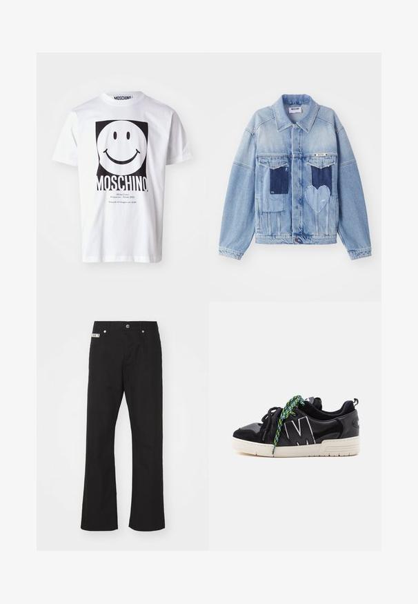 Lys blå denimjakke med mørkeblå lapper, herunder en hjerteformet lap på forsiden, og knaplukning, liggende fladt.; Hvid bomulds T-shirt med et stort sort smiley-ansigt grafik, med "MOSCHINO" trykt nedenfor og arrangementsdetaljer i mindre tekst.; Svarte bomuldsbukser med lige ben-design, der har en frontknaplukning, to sidelommer og et lille mærke på linningen.; Sort lavtop sneaker med hvid sål, stort hvidt omrids "M" på siden og mismatchede sorte og grønne mønstrede snørebånd.