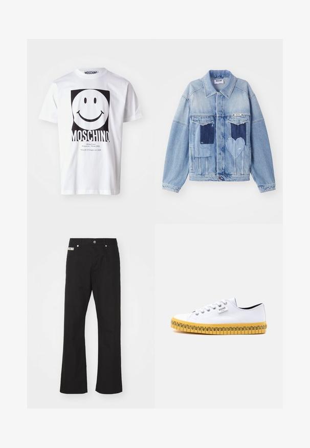 Lys blå denimjakke med mørkeblå lapper, herunder en hjerteformet lap på forsiden, og knaplukning, liggende fladt.; Hvid bomulds T-shirt med et stort sort smiley-ansigt grafik, med "MOSCHINO" trykt nedenfor og arrangementsdetaljer i mindre tekst.; Svarte bomuldsbukser med lige ben-design, der har en frontknaplukning, to sidelommer og et lille mærke på linningen.; Hvid lav-sneakers i lærred med hvide snørebånd og en gul sål designet til at ligne et målebånd med størrelsesmærker.