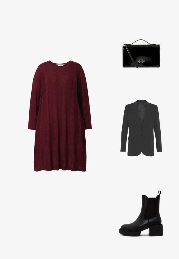 Blazer noir à bouton unique, avec des revers crantés, deux poches avant et une doublure satinée lisse. Coupe ajustée, sans motifs ni textures visibles.; Robe tricotée bordeaux avec un col rond, manches longues et motif en maille torsadée. Coupe ample, avec des poignets et un ourlet côtelés.; Bottine noire en cuir synthétique lisse avec des panneaux latéraux élastiques, bout arrondi et talon bloc. Remarquable par son design minimaliste.; Sac à main en cuir verni noir avec une bandoulière en chaîne, arborant un emblème décoratif en métal en forme d'abeille sur le devant. Forme rectangulaire avec finition brillante.