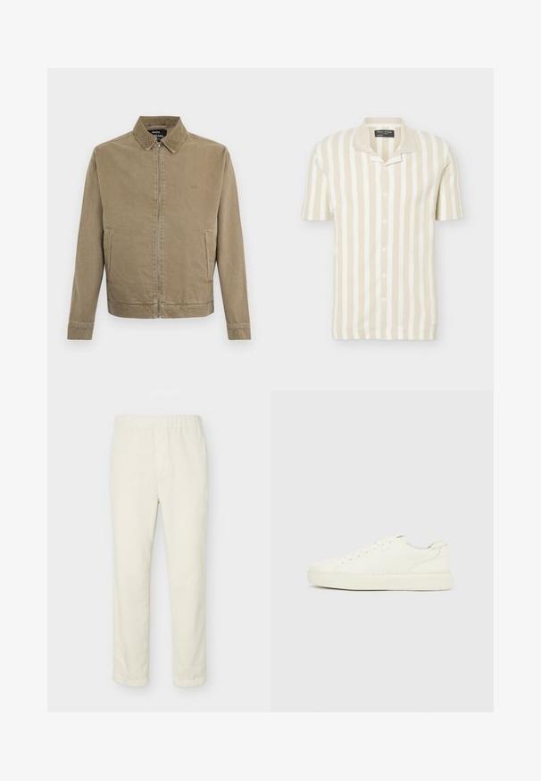 Veste zippée marron clair avec col, deux poches latérales et logo brodé discret sur la poitrine, par Mads Nørgaard.; Polo à manches courtes beige et blanc à rayures verticales, boutonné, avec col plié.; Pantalon droit couleur blanc cassé avec taille élastique et détails minimalistes, présenté sur un fond clair uni.; Baskets basses blanches avec laçage à l'avant, dessus en cuir lisse et semelle épaisse en caoutchouc, vues de côté extérieur sur un fond uni.