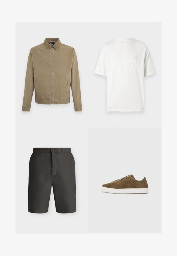 Veste zippée marron clair avec col, deux poches latérales et logo brodé discret sur la poitrine, par Mads Nørgaard.; T-shirt en coton blanc avec col rond, manches courtes et une poche poitrine à gauche. Texture lisse, coupe régulière, sans motifs ni accents.; Shorts gris foncé coupés sur mesure, longueur genou, avec passants de ceinture et fermeture avant par boutons sur un fond clair uni.; Baskets en suède marron avec bout arrondi, semelle en caoutchouc blanche et fermeture à lacets. Présente des coutures discrètes et un design bas.