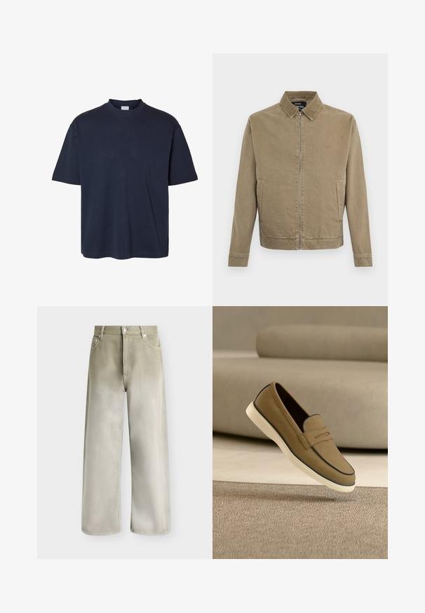 Lysebrun lynlåsjakke med krave, to sidelommer og subtilt broderet logo på brystet af Mads Nørgaard.; Plain mørk marineblå t-shirt med korte ærmer, rund hals og almindelig pasform, vist på en hvid baggrund.; Beige og lysegrå jeans med vidde ben, forlommer, bæltestropper og knaplukning.; Lysebrun ruskind slip-on sko med hvid sål svævende over beige tæppe, neutralfarvet sofa i sløret baggrund.