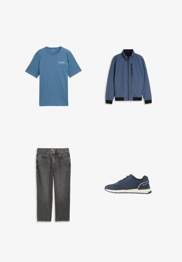 Blauwe jas met ritssluiting, hoge kraag, zwarte manchetten en boord, en een borstzak met ritssluiting aan de linkerkant.; Blauwe katoenen t-shirt met korte mouwen, ronde halslijn en subtiele geprinte logo op de linkerkant van de borst. Zachte textuur, casual pasvorm.; Zwart gewassen denim spijkerbroek met knoop- en ritssluiting, vijf zakken en rechte pijpen, maat 32 bij 32.; Marineblauwe sportschoen met mesh bovenwerk, witte zool, zwarte loopzool en "Tom Tailor" logo op de hielkap.