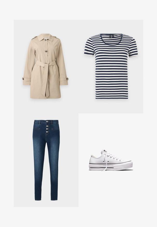 Beige knælange trenchcoat med krave, tre knapper foran, bælte i taljen, knappede ærmekanter og skulderstropper.; Stribet T-shirt med korte ærmer, der har marineblå og hvide vandrette striber, en rund halsudskæring og et blødt bomuldsstof.; Mørkeblå denim jeans med højtaljet design, fem-knap lukning og to frontlommer. Glat tekstur med kontrasterende syninger.; Lavtop hvid lærredsneaker med hvide snørebånd, gummisål, sorte stribedetaljer og logo-patch på tungen og hælen.