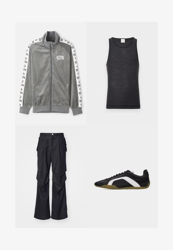 Billionaire Boys Club SMALL ARCH LOGO TAPED TRACK - Trainingsvest - charcoal; Zwarte mouwloze tanktop gemaakt van lichtgewicht materiaal, met een ronde halslijn en een subtiele textuur, en een contrasterende zoomdetail.; Zwarte pinstripe broek met een wijde broekspijpen ontwerp, voorzien van plooien, zijzakken en een knoopsluiting aan de voorkant. Glad materiaal.; Zwarte lage sneaker met witte zijstreep en gestructureerde olijfgroene zool, zijaanzicht tegen een effen achtergrond.