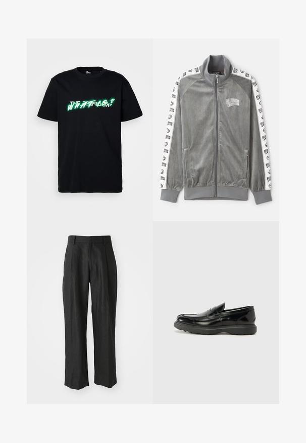 Billionaire Boys Club SMALL ARCH LOGO TAPED TRACK - Trainingsvest - charcoal; Zwarte katoenen t-shirt met opvallende groene en witte grafische tekst "WHAT IS?" aan de voorkant. Ronde hals en korte mouwen.; Zwarte linnen broek met een recht model, voorzien van opvallende plooien aan de voorkant en een gladde, textuurafwerking.; Zwarte leren instapper met een glanzende afwerking, een ronde neus, subtiele stiksels en een dikke rubberen zool voor duurzaamheid.