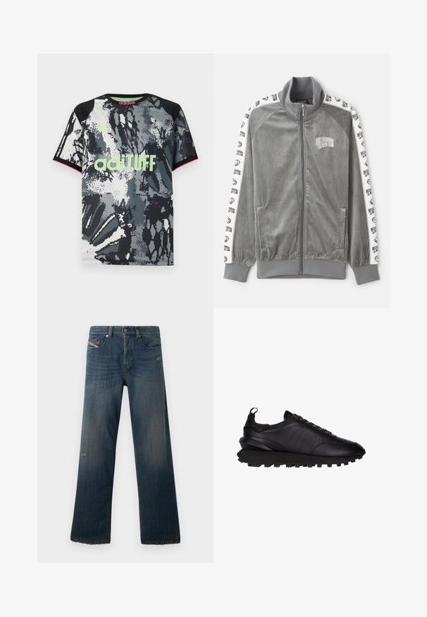 Billionaire Boys Club SMALL ARCH LOGO TAPED TRACK - Tréningová bunda - charcoal; Tričko s krátkym rukávom a okrúhlym výstrihom so športovým strihom, s čiernym, bielym a šedým abstraktným potlačou; obsahuje neónovo zelené logo "adiTUFF" a ružové akcenty.; Modré riflové nohavice so strihom s rovnými nohavicami, bledosťou textúry, rozstrapkaným lemom a zničenými detailmi na prednej vrecku a stehne.; Čierna kožená teniska s vystúpenou textúrovanou podrážkou, šnurovacím predným dielom a pútkom na päte, zobrazená z profilu na bielom pozadí.