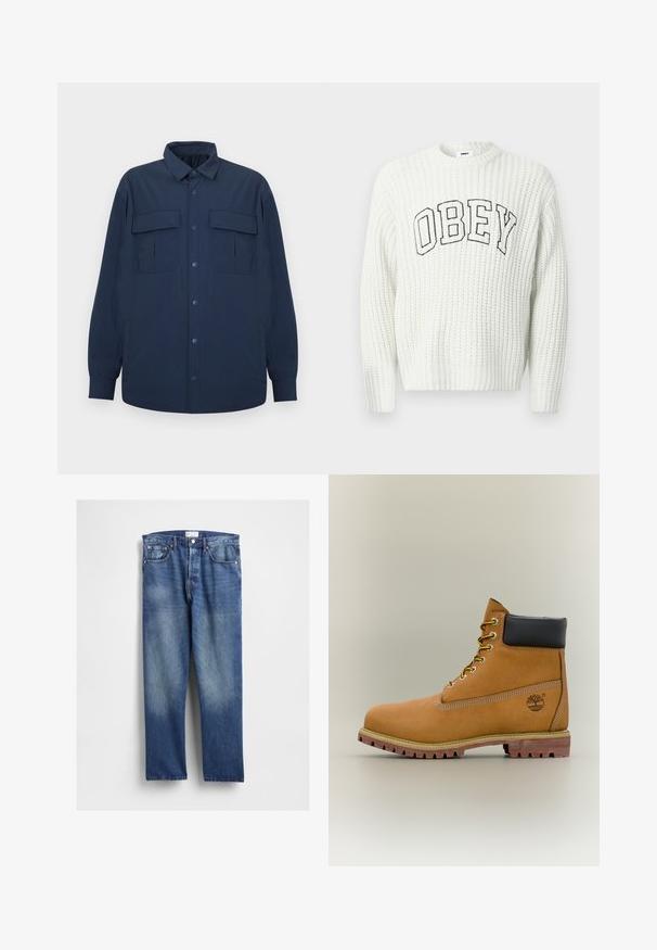 Marineblaue Hemdjacke mit Knopfleiste, langen Ärmeln, zwei aufgesetzten Taschen vorne und einem Kragen, auf hellem, flachem Hintergrund präsentiert.; Weißer Strickpullover mit der Aufschrift "OBEY" in schwarzer Schrift auf der Brust, mit geripptem Muster und Rundhalsausschnitt.; Blaue Denim-Jeans mit geradem Bein, vorne ausgeblichen, klassischem Fünf-Taschen-Design und Metallnieten an den Taschen.; Brauner Leder-Stiefelette mit schwarzem Kragen, gelben Schnürsenkeln und hellbrauner Sohle. Verfügt über ein Logo und weiße Ziernähe. Robuste Profilsohle.