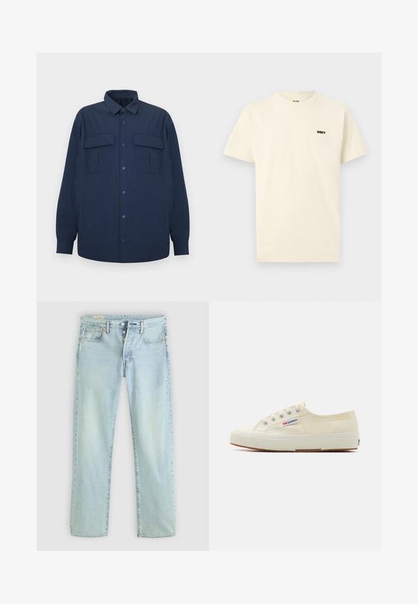 Surchemise bleu marine à boutons, manches longues, deux poches à rabat à l'avant et un col, présentée sur un fond clair et plat.; T-shirt crème à manches courtes avec col rond et petit logo noir "OBEY" sur le côté gauche de la poitrine, fond uni.; Jeans en denim bleu clair avec une coupe droite, cinq poches, braguette à boutons et décoloration subtile. Présente des détails de couture et des rivets en cuivre.; Baskets en toile beige au design épuré, œillets en métal et semelle en caoutchouc. Présente un motif texturé et un détail de logo sur le côté.