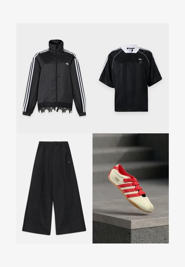 Μαύρο αθλητικό μπουφάν Adidas με λευκές ρίγες στα μανίκια, ολόκληρο φερμουάρ μπροστά, ψηλό γιακά και μαύρη δαντέλα στο τελείωμα.; Μαύρη αθλητική φανέλα με κοντά μανίκια, λευκές λεπτομέρειες και V-λαιμόκοψη. Διαθέτει κάθετες ρίγες και μικρό λογότυπο στο στήθος.; Μαύρο παντελόνι με φαρδιά μπατζάκια, πλαϊνές τσέπες, θηλιές για ζώνη, πτυχώσεις στο εμπρός μέρος και μικρό λογότυπο Adidas στη δεξιά πλευρά.; Κόκκινο και κρεμ αθλητικό παπούτσι με τρεις κόκκινες ρίγες, μαλακό επάνω μέρος, λαστιχένια σόλα και λουριά με βέλκρο. Διαθέτει κομψό, χαμηλού προφίλ σχεδιασμό.