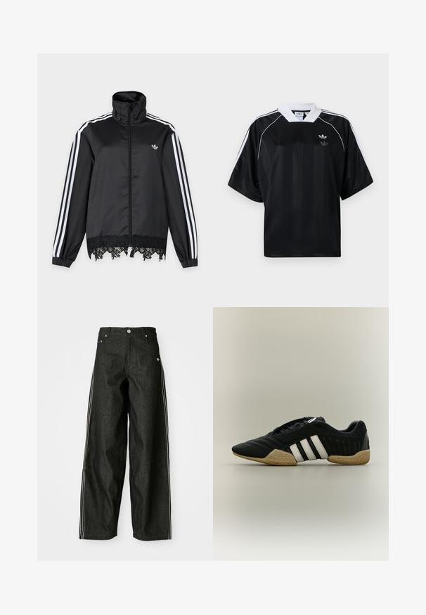 Chaqueta deportiva negra Adidas con rayas blancas en las mangas, cremallera completa en el frente, cuello alto y ribete de encaje negro en el dobladillo.; Camiseta deportiva negra de manga corta, con detalles blancos y cuello en V. Presenta rayas verticales y un pequeño logo en el pecho.; Pantalones anchos de mezclilla negra con rayas laterales blancas, que cuentan con bolsillos delanteros, una bragueta con botones y un logo sutil cerca de la cintura.; Zapato deportivo negro con rayas blancas y suela texturizada beige sobre un fondo neutro, mostrado de perfil.