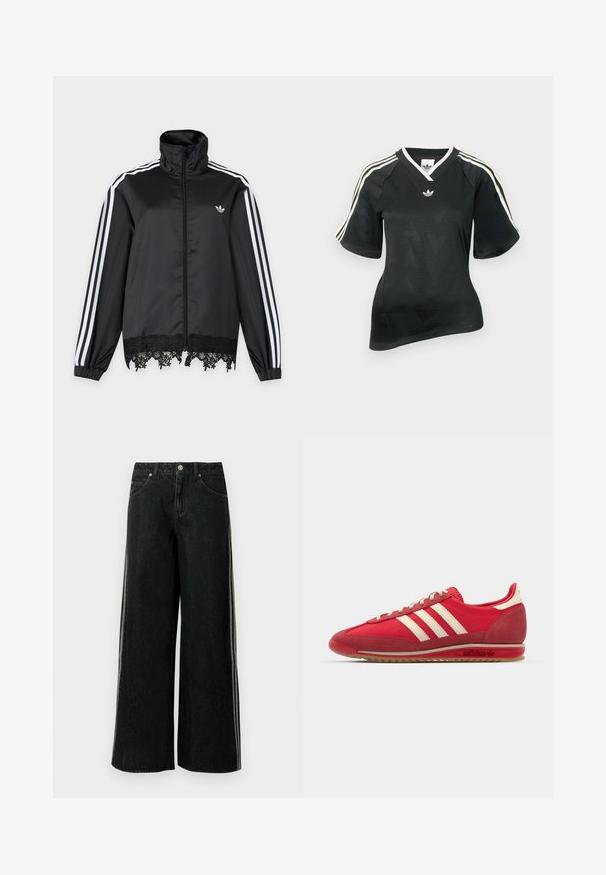 Zwarte Adidas trainingsjas met witte strepen op de mouwen, volledige ritssluiting aan de voorkant, hoge kraag en zwarte kantafwerking aan de zoom.; Zwart sportshirt met V-hals, korte mouwen en een textuur met een chevronpatroon. Voorzien van witte drie-strepen accenten op de schouders en een logo.; Zwarte denim jeans met wijde pijpen, zijstrepen, voorzakken, lussen voor een riem en een metalen knoopsluiting in de taille.; Rode sportieve sneaker met een gestructureerde bovenzijde, drie witte strepen, ronde neus en een rubberen zool met logo-details aan de zijkant.