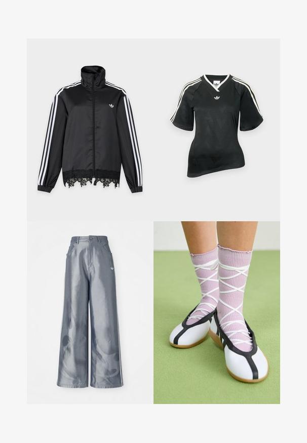 Musta Adidas-verkkatakki, jossa valkoiset raidat hihoissa, vetoketju edessä, korkea kaulus ja musta pitsisomiste helmassa.; Musta urheilupaita, jossa on V-aukko, lyhyet hihat ja kuvioitu kalanruotokuvio. Paidassa on valkoiset kolmiraitaiset yksityiskohdat harteilla ja logo.; Housut leveillä lahkeilla kiiltävässä harmaassa materiaalissa, valkoisilla sivuviivoilla ja liekkikuvioilla alaosassa. Napin ja vetskarin suljenta vyötäröllä.; Jalat, joissa on ribbineuloksiset laventelinväriset sukat, joissa on valkoiset ristikkäiset hihnat, yhdistettyinä valkoisiin balettikenkiin, joissa on mustat reunukset vihreällä lattialla.