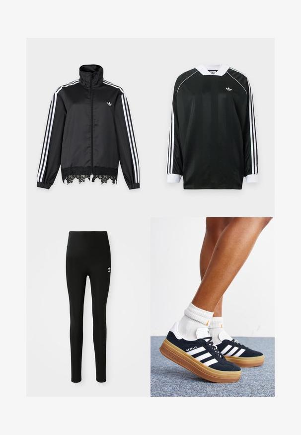 Sort Adidas træningsjakke med hvide striber på ærmerne, fuld lynlås foran, høj krave og sort blonderkant ved kanten.; Sort langærmet skjorte med V-hals, med vertikale striber, hvide detaljer og tre hvide striber på hver ærme. Lille logo på brystet.; Sorte leggings lavet af strækbart materiale med høj talje, med et lille hvidt Adidas-logo på venstre ben. Glat tekstur.; Ben iført hvide sokker og sorte Adidas Gazelle sneakers med hvide striber og tykke brune såler på et gråt tæppe.