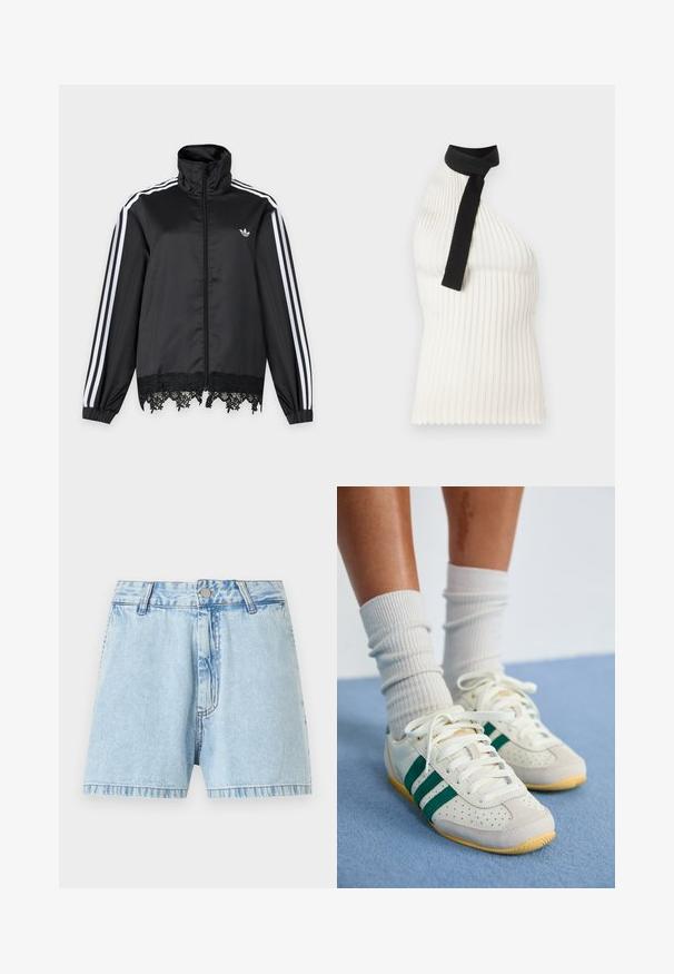 Μαύρο αθλητικό μπουφάν Adidas με λευκές ρίγες στα μανίκια, ολόκληρο φερμουάρ μπροστά, ψηλό γιακά και μαύρη δαντέλα στο τελείωμα.; Λευκό αμάνικο τοπ με ριβέ σχέδιο και μαύρη λεπτομέρεια κορδέλας γύρω από το λαιμό, διαθέτοντας εφαρμοστή γραμμή και οδοντωτό στρίφωμα.; Ανοιχτό μπλε τζιν σορτς με κούμπωμα κουμπιού και φερμουάρ, θηλιές για ζώνη και ελαφρώς ξεθωριασμένη υφή.; Πόδια με λευκά αθλητικά παπούτσια με πράσινες ρίγες και λευκές ριμπ πλεκτές κάλτσες που στέκονται σε ένα ανοιχτό μπλε χαλί.