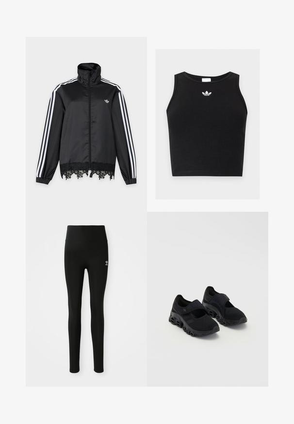 Sort Adidas træningsjakke med hvide striber på ærmerne, fuld lynlås foran, høj krave og sort blonderkant ved kanten.; Sort ribbet ærmeløs crop top med rund halsudskæring og lille hvid Adidas trefoil-logo centreret nær kraven.; Sorte leggings lavet af strækbart materiale med høj talje, med et lille hvidt Adidas-logo på venstre ben. Glat tekstur.; Sorte atletiske sko med mesh-overdel, sikker rem over vristen, tyk sål med runde udskæringer og teksturerede detaljer på siden.