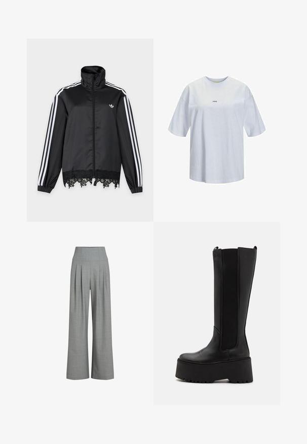 Veste de survêtement noire Adidas avec des bandes blanches sur les manches, fermeture zippée intégrale devant, col montant et bordure en dentelle noire à l'ourlet.; T-shirt oversize blanc en coton, avec des manches courtes, un col rond et un petit logo noir "JJXX" sur le devant. Texture lisse.; Pantalons larges plissés gris avec une taille haute, fabriqués à partir d'un tissu texturé, présentant une finition lisse et des lignes épurées.; Botte noire montante en cuir lisse, avec des panneaux latéraux élastiques et une semelle épaisse à plateforme dotée d'un fond profilé.