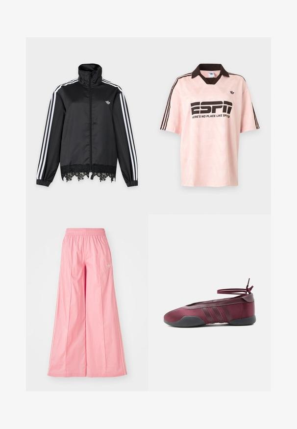 Sort Adidas træningsjakke med hvide striber på ærmerne, fuld lynlås foran, høj krave og sort blonderkant ved kanten.; Lyserød Adidas sportsskjorte med mørkebrun krave og striber, med teksten "ESP1" og "THERE'S NO PLACE LIKE SPORTS" på forsiden.; Lyserøde brede bukser lavet af let materiale, med elastisk talje og diskrete hvide side striber. Lille logo på fronten.; Burgunderfarvet balletsko med sort sål, elastiske ankelstropper bundet i sløjfe og syninger på siderne, vist fra ydersiden.