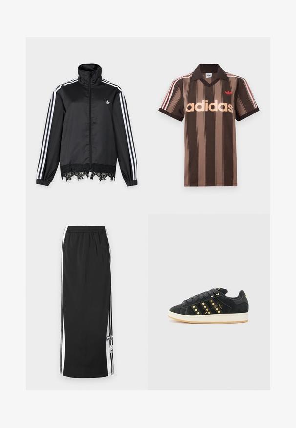 Sort Adidas træningsjakke med hvide striber på ærmerne, fuld lynlås foran, høj krave og sort blonderkant ved kanten.; Brunstribet Adidas polo-shirt med V-hals, bordeaux krave og rødt logo. Har hvide og røde skulderstriber samt korte ærmer.; Sort lang atletisk nederdel med hvide sidepaneler og sorte striber, elastisk taljebånd og Adidas-logo i patch nær nederste kant.; adidas Originals CAMPUS 00S W - Sneakers - core black/carbon/gold-coloured