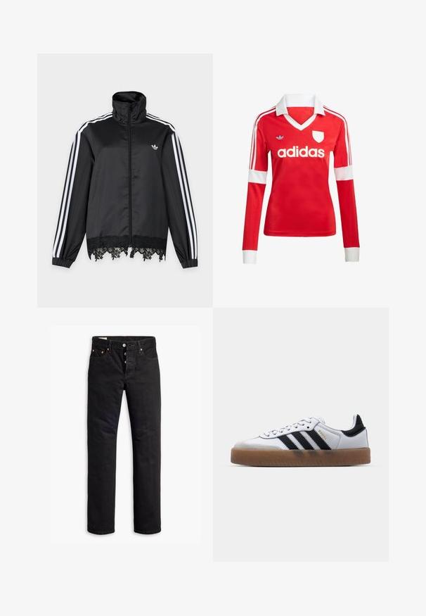 Zwarte Adidas trainingsjas met witte strepen op de mouwen, volledige ritssluiting aan de voorkant, hoge kraag en zwarte kantafwerking aan de zoom.; Rode lange mouwen voetbalshirt met een witte kraag en manchetten. Heeft drie witte strepen op de schouders en het "adidas" logo prominent weergegeven.; Zwarte denim jeans met een rechte snit, vijf-pocket ontwerp en een knoopsluiting. Beschikt over koperen klinknagels en stikselaccenten.; Witte leren sneakers met zwarte strepen, gumrubberen buitenzool, ronde neus, vetersluiting en een zachte grijze suède neuskap.