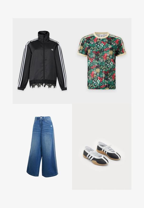Must Adidas jooksujakk valgete triipudega varrukaotstes, esiküljel täispikk tõmblukk, kõrge krae ja must pitsääris allääres.; Must lühikeste varrukatega Adidas T-särk värvilise lillemustriga, beež krae, varrukaservad ja kolm beeži triipu õlgadel.; Hallid jalgadega teksapüksid keskmises sinises värvuses, millel on kõrge vöökoht, peened õmblused ja väike valge logo ees.; Mustvalged spordijalatsid, millel on sile disain, kummist tald, paeltest kinni tõmmatav sulgur ja kolm valget triipu külgedel.