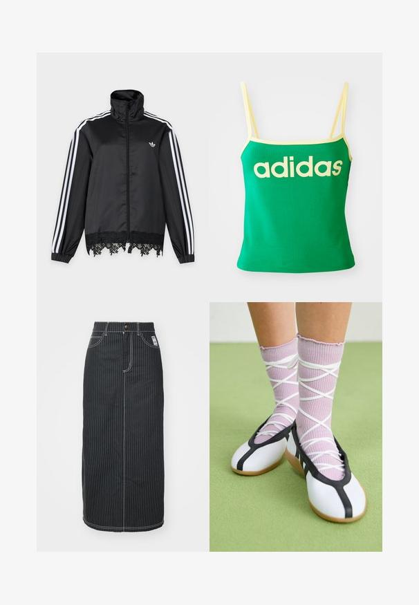 Chaqueta deportiva negra Adidas con rayas blancas en las mangas, cremallera completa en el frente, cuello alto y ribete de encaje negro en el dobladillo.; Top verde con detalles amarillos, hecho de material elástico. Presenta un gran logo de "adidas" amarillo en el frente y tirantes delgados.; Falda midi de mezclilla negra con rayas verticales blancas. Presenta una cintura con botones, dos bolsillos delanteros y costuras de contraste. Diseño ajustado recto.; Piernas con calcetines lavanda acanalados con tiras blancas cruzadas combinados con bailarinas blancas con ribete negro sobre un suelo verde.