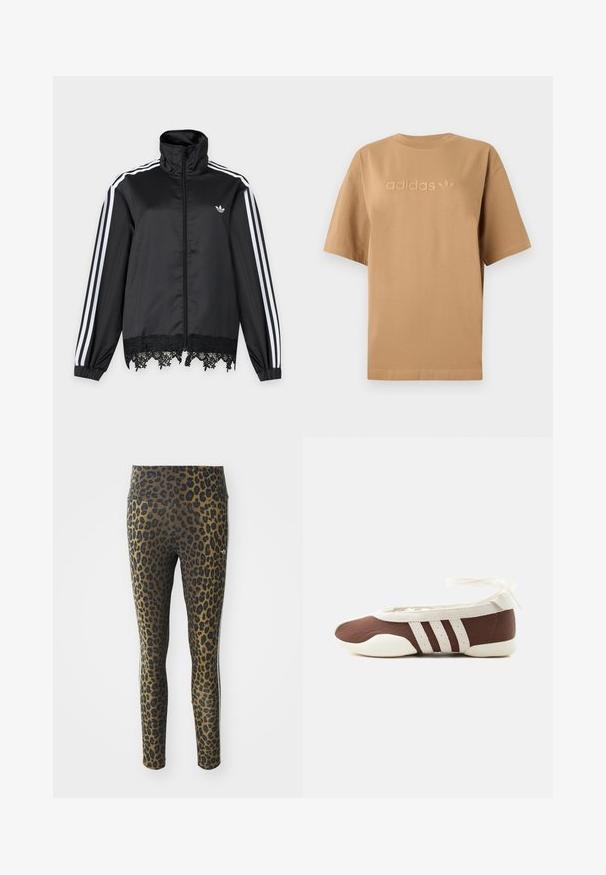 Musta Adidas-verkkatakki, jossa valkoiset raidat hihoissa, vetoketju edessä, korkea kaulus ja musta pitsisomiste helmassa.; Ruskea puuvillainen t-paita, jossa on lyhyet hihat ja pyöreä pääntie. Paitassa on kohotettu "adidas"-logo ja kolmilehtimerkki samassa sävyssä.; Leggins leopardikuvioilla, joissa on korkea vyötärö, joustava kangas ja mustat yksityiskohdat vaaleanruskealla pohjalla, suunniteltu mukavuutta ja istuvuutta varten.; Ruskea ja valkoinen balettikenkiä, joissa on kolme valkoista raitaa ja nilkkasolmulla varustettu nauha, yksinkertaisella vaalealla taustalla.