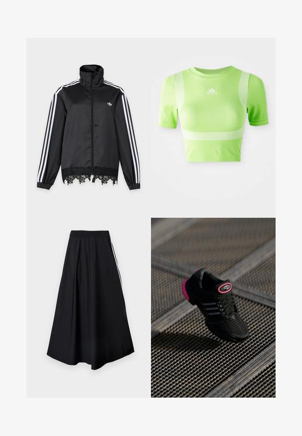 Schwarze Adidas Trainingsjacke mit weißen Streifen an den Ärmeln, durchgehendem Reißverschluss vorne, hohem Kragen und schwarzer Spitzenverzierung am Saum.; Kurzes sportliches Shirt aus leuchtend grünem Stoff. Mit kurzen Ärmeln, Rundhalsausschnitt und weißem diagonalen Streifenmuster auf den Schultern. adidas-Logo auf der Vorderseite.; Schwarze weit geschnittene Hose mit elastischem Bund und weißen Seitenstreifen, vor einem schlichten weißen Hintergrund präsentiert.; Schwarzer Sportschuh mit Netzobermaterial, pinken Akzenten und schwarzen gestreiften Details. Verfügt über eine strukturierte Außensohle und ein Logo-Label an der Ferse.