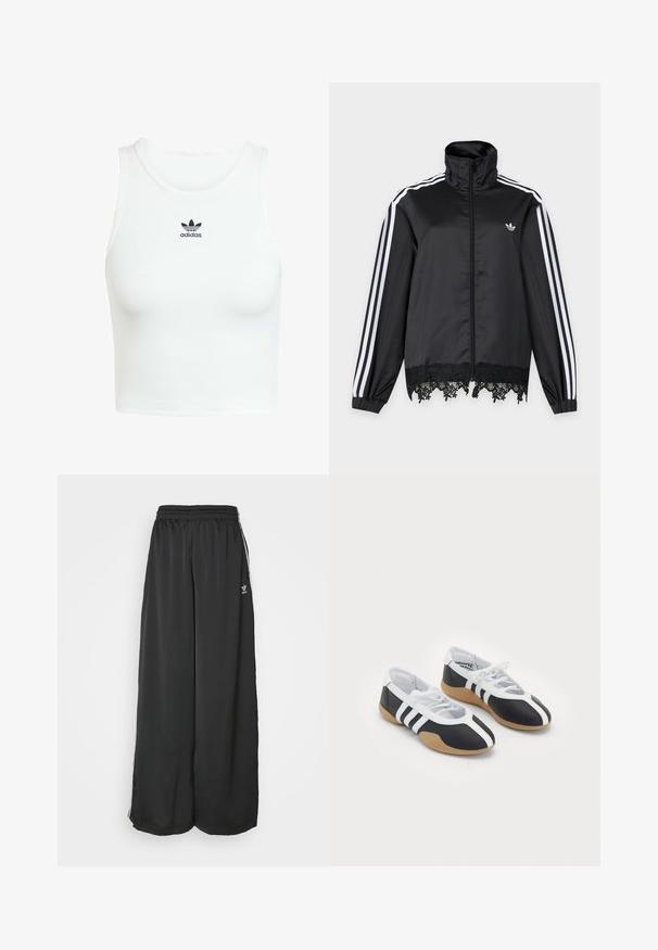 Must Adidas jooksujakk valgete triipudega varrukaotstes, esiküljel täispikk tõmblukk, kõrge krae ja must pitsääris allääres.; Valge puuvillane tank top, millel on vormiv ribatud tekstuur, ümmargune kaelus ja ees must õmmeldud Adidas logo.; Mustad, vabalt langevad spordipüksid, mis on valmistatud siledast kangast. Omab elastset vöökoht ja külgedel triibusid koos logo aktsentidega.; Mustvalged spordijalatsid, millel on sile disain, kummist tald, paeltest kinni tõmmatav sulgur ja kolm valget triipu külgedel.