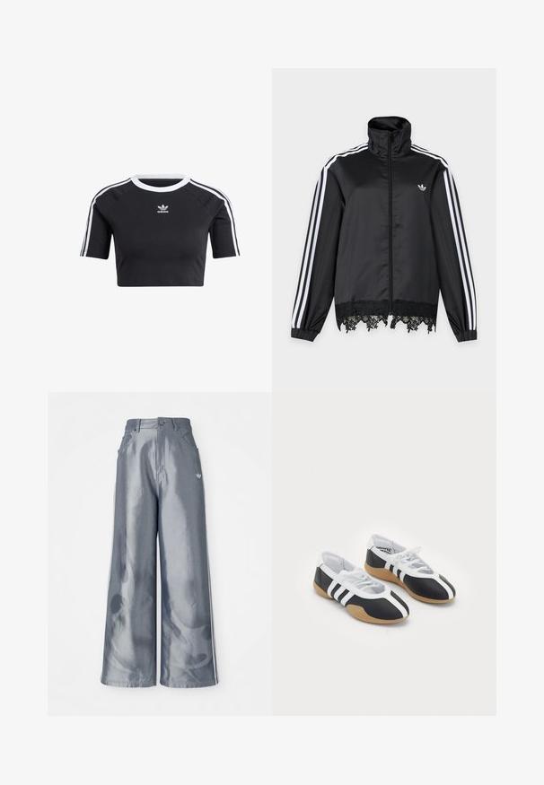 Sort Adidas træningsjakke med hvide striber på ærmerne, fuld lynlås foran, høj krave og sort blonderkant ved kanten.; Sort cropped t-shirt lavet af bomuld, med en ribbet hvid rund halsudskæring, korte raglanærmer og hvide side striber med et lille logo.; Bredde benbukser i skinnende grå materiale med hvide sidelookstriber og et flammemønster på underbenene. Knap- og lynlåslukning i taljen.; Sort-hvide sportsko med et slankt design, gummisål, snørebåndslukning og tre hvide striber på siden.