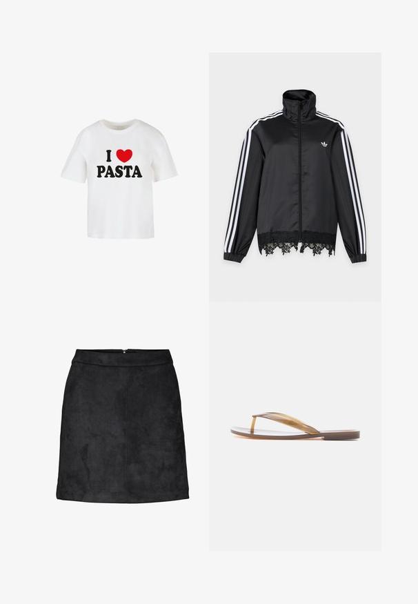 Sort Adidas træningsjakke med hvide striber på ærmerne, fuld lynlås foran, høj krave og sort blonderkant ved kanten.; Hvid bomuld t-shirt med korte ærmer, med sort skrift der siger "JEG ELSKER" og et rødt hjerte over ordet "PASTA."; Sort ruskind mini nederdel med en glat tekstur, lige snit og en skjult lynlås bagpå. Minimalistisk design uden synlige mønstre eller accenter.; Enkelt brun gennemsigtig flip-flop sandal med flad sål og rem mellem tæerne, vist fra siden på hvid baggrund.