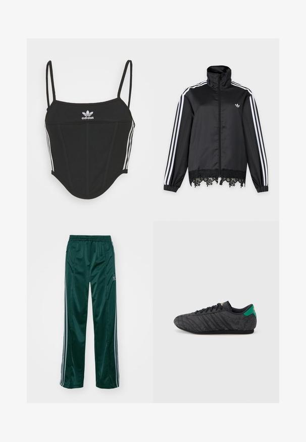 Sort Adidas træningsjakke med hvide striber på ærmerne, fuld lynlås foran, høj krave og sort blonderkant ved kanten.; Sort ribbet crop top med justerbare tynde stropper, der har tre hvide striber på siderne og et lille hvidt Adidas-logo i midten.; Mørkegrønne træningsbukser lavet af skinnende materiale, med sidelister i lys grå og et broderet logo på venstre ben.; Sort lavprofil sneaker med subtilt blomsterprint, sorte snørebånd, grøn hælflap og guldlogo på tunge og hæl.