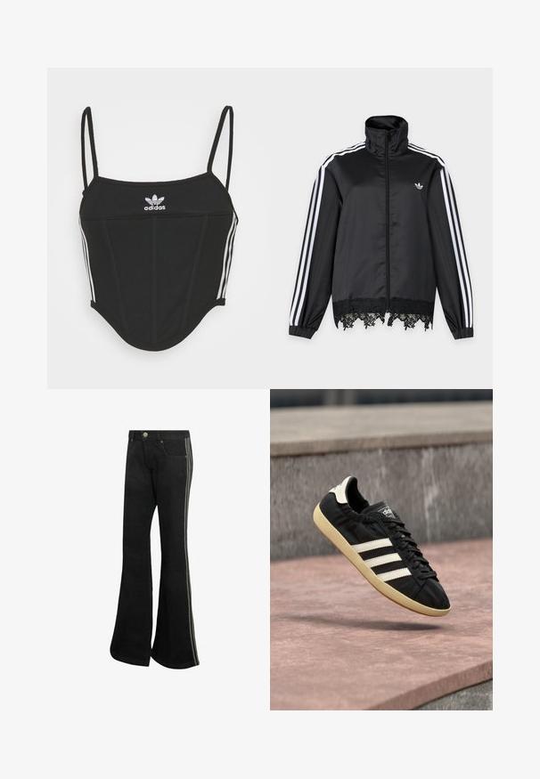 Zwarte Adidas trainingsjas met witte strepen op de mouwen, volledige ritssluiting aan de voorkant, hoge kraag en zwarte kantafwerking aan de zoom.; Zwarte geribbelde crop top met verstelbare dunne bandjes, voorzien van drie witte strepen aan de zijkanten en een klein wit Adidas-logo in het midden.; Zwarte uitlopende broek met zilveren zijstrepen en voorzakken, voorzien van knoop- en ritssluiting in de taille.; Zwarte Adidas sneaker met witte strepen en beige zool, vastgelegd in de lucht boven een stenen oppervlak en een stenen muur op de achtergrond.