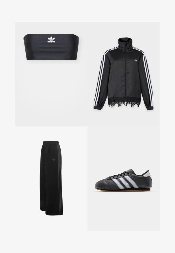 Zwarte Adidas trainingsjas met witte strepen op de mouwen, volledige ritssluiting aan de voorkant, hoge kraag en zwarte kantafwerking aan de zoom.; Zwarte bandeau-top van soepel stof, met het witte Adidas-logo gecentreerd aan de voorkant, zonder extra patronen of versieringen.; Zwarte Adidas-broek met wijde pijpen, elastische tailleband, drie donkergrijze zijstrepen en klein trefoil-logo op de linker dij.; Zwarte leren sportschoen met witte strepen, ronde neus, platte zool en vetersluiting. Bevat perforaties voor ademend vermogen.
