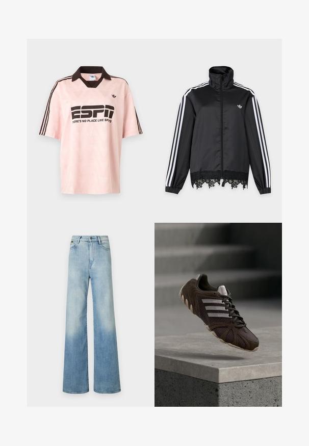 Μαύρο αθλητικό μπουφάν Adidas με λευκές ρίγες στα μανίκια, ολόκληρο φερμουάρ μπροστά, ψηλό γιακά και μαύρη δαντέλα στο τελείωμα.; Ροζ ανοιχτό αθλητικό πουκάμισο Adidas με σκούρο καφέ γιακά και ρίγες, με το κείμενο "ESP1" και "ΔΕΝ ΥΠΑΡΧΕΙ ΤΟΠΟΣ ΟΠΩΣ ΤΑ ΑΘΛΗΜΑΤΑ" στο μπροστινό μέρος.; Ανοιχτό μπλε φαρδύ παντελόνι από τζιν, με ψηλή μέση, πέντε τσέπες και διακριτική φθορά κατά μήκος των ποδιών.; Σκούρο καφέ αθλητικό παπούτσι Adidas με άνω μέρος από δίχτυ, τρεις λευκές ρίγες και υφασμένη σόλα, κρεμασμένο πάνω από μια τσιμεντένια πλατφόρμα με θολωμένες σκάλες στο φόντο.