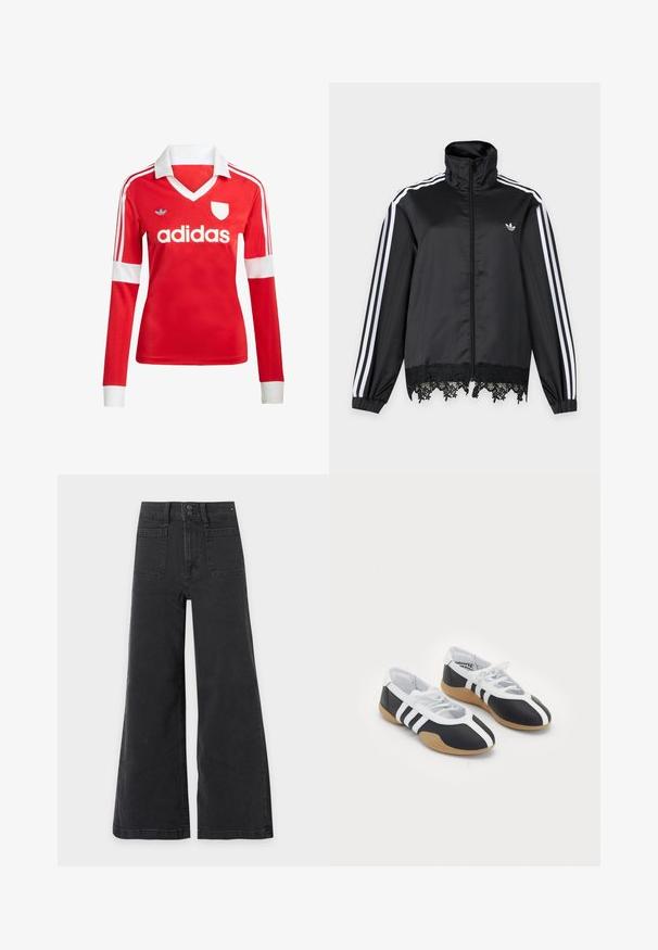 Zwarte Adidas trainingsjas met witte strepen op de mouwen, volledige ritssluiting aan de voorkant, hoge kraag en zwarte kantafwerking aan de zoom.; Rode lange mouwen voetbalshirt met een witte kraag en manchetten. Heeft drie witte strepen op de schouders en het "adidas" logo prominent weergegeven.; Zwarte jeans met hoge taille en wijde pijpen, met voorzakken en dubbele knoopsluiting.; Zwart-witte sport schoenen met een slank ontwerp, rubberen zool, vetersluiting en drie witte strepen aan de zijkanten.