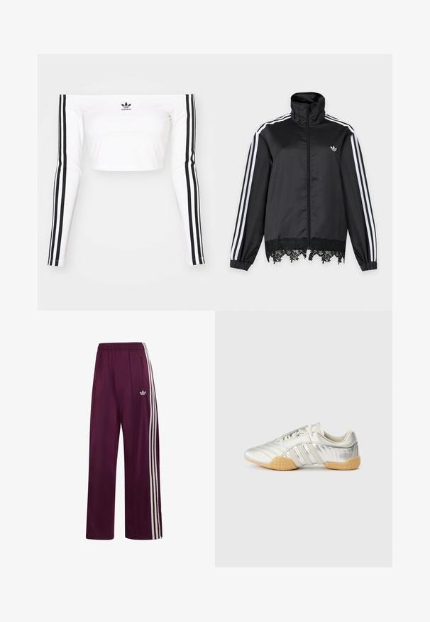 Sort Adidas træningsjakke med hvide striber på ærmerne, fuld lynlås foran, høj krave og sort blonderkant ved kanten.; Hvid langærmet off-shoulder crop top i strækbart stof. Har sorte tre-stribede detaljer på ærmerne og et lille sort logo på brystet.; Vinrøde Adidas træningsbukser med elastisk linning, tre hvide striber på siden, lynlåslomme og broderet logo på venstre lår.; Sølvfarvet sportssko med en glat læderoverdel, gummisål og teksturerede detaljer. Har et buet design og tonede snørebånd.